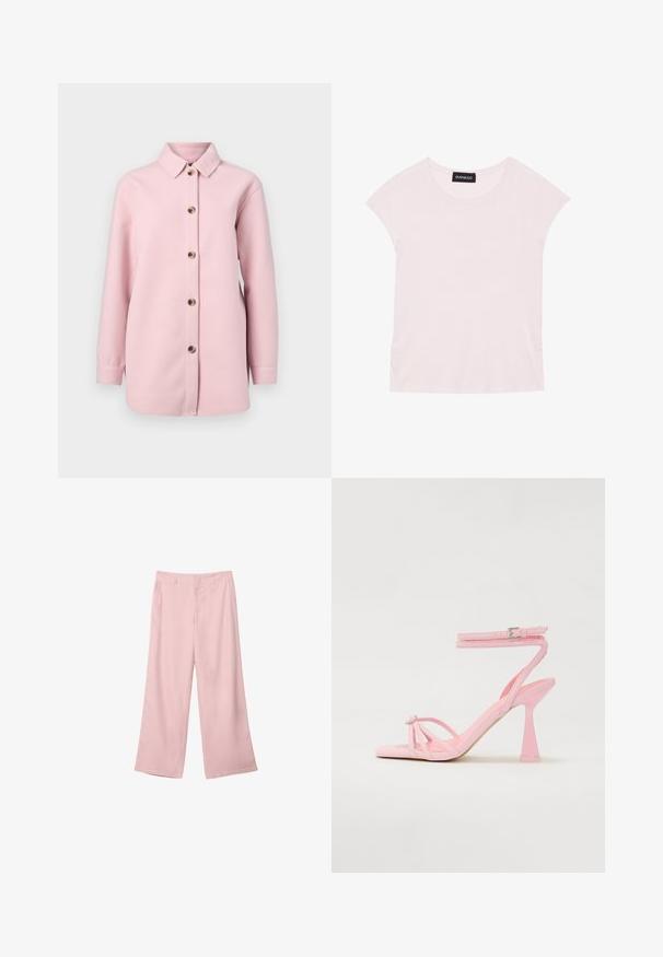 Svetloružová košele-jacket z jemného materiálu, so golierom, dlhými rukávmi a šiestimi hnedými gombíkmi na prednej strane.; Svetloružové tričko s krátkymi rukávmi, okrúhlym výstrihom a zberanými detailmi po stranách. Vyrobené z mäkkej, ľahkej tkaniny.; Svetloružové široké nohavice vyrobené z hladkej tkaniny. Majú štruktúrovaný pás a rovné, voľné nohavice, bez viditeľných vzorov alebo kovových detailov.; Ružové sandále na vysokom podpätku s pásikovým dizajnom a prackou okolo členku. Majú ozdobný prvok na prstoch a moderný, zúžený dizajn podpätku.