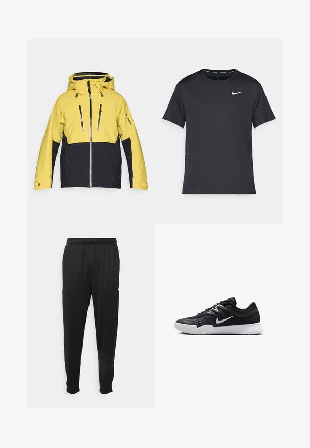 Jachetă impermeabilă cu o secțiune superioară galbenă strălucitoare și o secțiune inferioară neagră, dotată cu o fermoar frontal, glugă ajustabilă și buzunare cu fermoar.; Tricou de alergare Nike negru, fabricat dintr-un material ușor și respirabil, cu mâneci scurte și un mic logo alb pe piept.; Pantaloni sportivi negri dintr-o țesătură netedă, cu un elastic la brâu, picioare conice și un mic logo alb pe partea stângă.; Pantof sport negru cu un superior texturat, swoosh alb Nike și o tălpică din cauciuc alb. Dispune de un design cu șireturi și o formă dinamică.