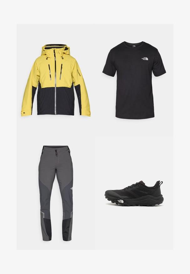 Vodootporna jakna koja se sastoji od svijetlo žutog gornjeg dijela i crnog donjeg dijela, s prednjim patentnim zatvaračem, podesivom kapuljačom i džepovima sa patentnim zatvaračem.; Crna majica kratkih rukava od pamuka, s okruglim izrezom i malim bijelim logotipom na gornjem lijevom dijelu prsnog koša.; Sive hlače za planinarenje koje imaju sužen dizajn, više džepova i kontrastne tamnosive i crne akcentne detalje. Izrađene su od fleksibilnog, izdržljivog materijala.; Crne trail trkačke cipele s teksturiranim gornjim dijelom, gumeni potplat i ojačana zaštita za prste. Imaju podstavljen ovratnik i trakicu za lakše obuvanje.