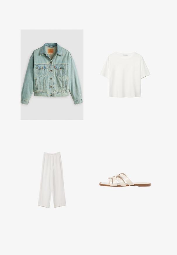 Svijetloplavi traper jakna sa klasičnim dizajnom. Ima dva prednja džepa, dugmad za zatvaranje i blago izlizanu teksturu.; Bela kratka majica s kratkimi rokavi iz bombaža. Ima okroglo izrezovanje in sproščen kroj. Gladka tekstura brez vidnih vzorcev ali poudarkov.; Bele široke hlače iz lahkega materiala. Imajo elastičen pas s vrvico in stranske žepe. Gladka tekstura.; Ravne sandale s svetlo rjavim gumijastim podplatom, zasnovane s tremi prekrivajočimi se belimi usnjenimi trakovi in majhnim lokom na sredini.