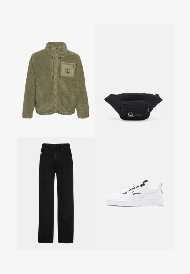 Oliivroheline fliisjakker kõrge kaelusega, lukuga ees, rinnanäpud ja kummiköie detailid. Pehme tekstuur ja mugav istuvus.; Kolm lühikeste varrukatega T-särki beežis, kreemis ja pruunis. Puuvillane kangas ümmarguse kaelusega ning beeži särgi peal minimalistlik kirjatükk.; Mustadest denimist valmistatud sirge lõikega teksad, millel on ees taskud, nööbiga sulgur ja peen logo silt vöökohal.; Valge nahkne tennis, millel on mustad aksessuaarsed detailid, koos külje peal asuva allkirjaga logoga, ümmarguse varbaga ja tekstuuriga kummitald.; Must mustri vööt kott, millel on kaks lukuga taskut. Omab sujuvat tekstuuri ja valget tikkimist logoga esimeses taskus.