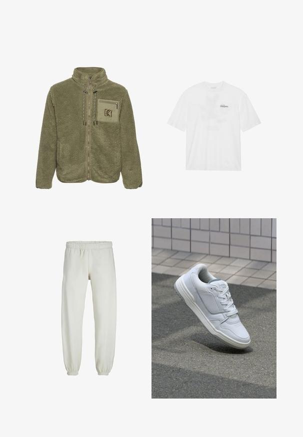 Alyvuogių spalvos fliso striukė su aukštu kaklu, užtrauktuku priekyje, krūtinės kišenėmis ir raišteliais. Minkšta tekstūra, puikiai priglundanti prie kūno.; Baltas medvilnės marškinėliai su trumpomis rankovėmis, priekyje yra spaudinys su užrašu "Skristi į Ramybę" juoda ir žalia spalvomis.; Baltos sportinės kelnės, pagamintos iš minkštos medžiagos, su elastinga juosmeniu ir rankogaliais, turinčios lygią tekstūrą ir laisvą siluetą.; Baltos odinės sportinės bateliai su perforuotais šonais, tekstūruotais akcentais, plokščiomis raištelėmis ir kontrastingu pilku kulnu. Yra šiek tiek pakelti padas.