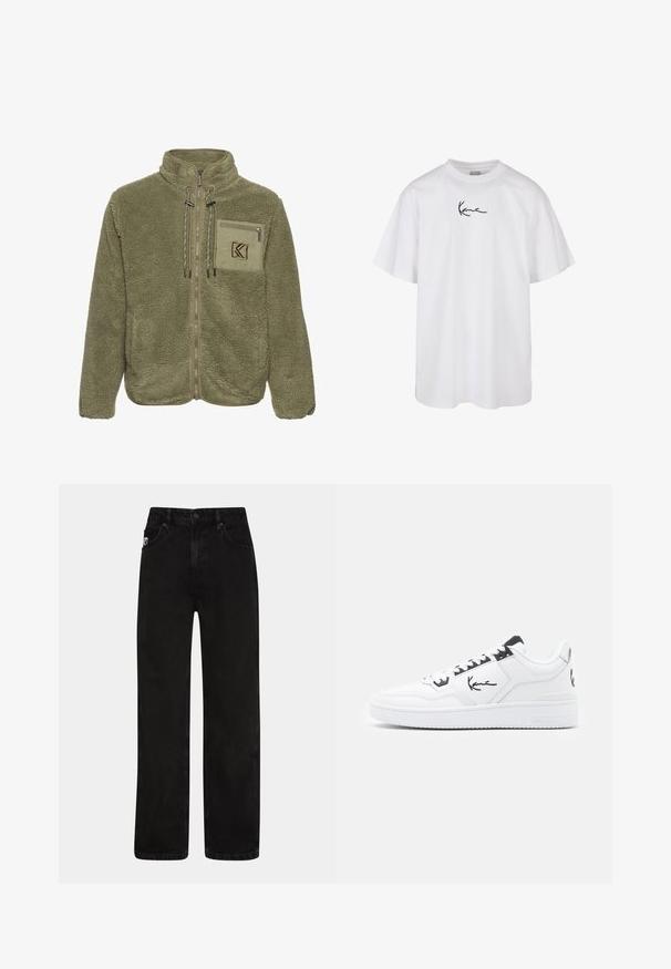Olivově zelená fleecová bunda s vysokým límcem, předním zipem, náprsní kapsou a stahovacími detaily. Měkká textura s těsným střihem.; Bílé bavlněné tričko s kulatým výstřihem a krátkými rukávy, s černým vyšívaným logem umístěným na hrudi.; Černé denimové džíny se střední nohavicemi, které mají přední kapsy, zapínání na knoflík a decentní logo nášivku na pásku.; Bílé kožené tenisky s černými akcenty, s podpisovým logem na boku, kulatou špičkou a texturovanou gumovou podrážkou.