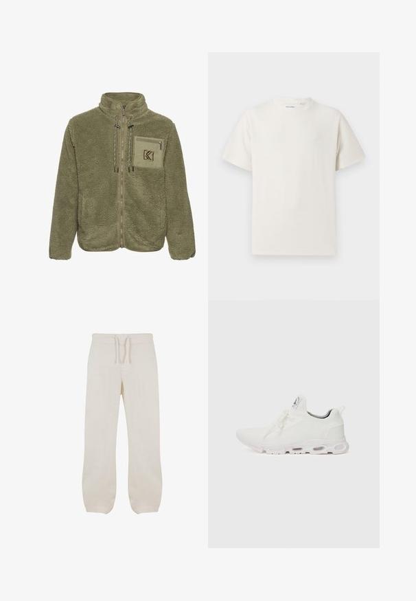 Olívazöld bolyhos dzseki magas gallérral, cipzáras elülső résszel, mellzsebbel és zsinóros részletekkel. Puha tapintású, szoros illeszkedésű.; Fehér, rövid ujjú póló bordázott textúrával. Kerek nyakkivágás, laza szabás, nincs látható minta vagy díszítés. Egyszerű és sokoldalú dizájn.; Világos bézs len nadrág, részben gumis derekkal és zsinórral. Egyenes szárú dizájn, sima textúrával és enyhe szűküléssel a bokák felé.; Fehér sportcipők, texturált kötött felsőrésszel, lapos fűzőkkel és párnázott talppal, amely látható légkamrákkal rendelkezik a megerősített kényelem érdekében.