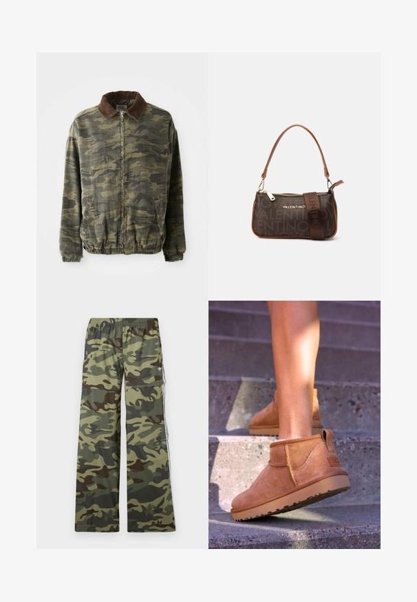 Kurtka w kamuflażowy wzór w kolorze khaki i ciemnozielonym, wykonana z mocnego materiału. Wyposażona w brązowy kołnierz z sztruksu oraz elastyczne mankiety i dół.; Biała bawełniana koszulka na ramiączkach z szerokimi paskami, okrągłym dekoltem i gładką, prążkowaną strukturą. Brak wzorów i akcentów.; Spodnie cargo w kamuflażowym wzorze w odcieniach zieleni i brązu, o szerokim kroju, z elastycznym paskiem w talii i kieszeniami bocznymi w paski.; Brązowe zamszowe botki za kostkę o miękkiej teksturze, z przeszyciami i gumową podeszwą, wyposażone w pętelkę na pięcie dla łatwego zakładania.; Brązowa skórzana torebka na ramię z zamkiem błyskawicznym, uchwytem na ramię i wytłoczonym wzorem logo. Gładkie wykończenie z akcentami w kolorze złota.