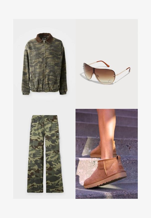 Jakna s kamuflažnim uzorkom u kaki i tamnozelenoj boji, izrađena od čvrstog materijala. Ima smešasti krzneni ovratnik i elastične manžete i rub.; Bela pamučna majica bez rukava s širokim naramenicama, okruglim izrezom i glatkom, rebrastom teksturom. Nema uzoraka ili ukrasa.; Cargo hlače s kamuflažnim uzorkom u nijansama zelene i smeđe boje, s širokim nogavicama, elastičnom strukom i bočnim džepovima s prugama.; Smešane čizme od tan velura s mekim tekstilom, sa šavnim detaljima i gumenim đonom, te petom s petljom za lako obuvanje.; Naočale sa smeškanim smeškanim sočivima, metalnim okvirom i ukrasnim uzorkom zvijezda sa cirkonima na donjem desnom sočivu.; Smeđa kožna torba s patentnim zatvaračem, remenom za rame i urezanim logom. Glatka površina s dodatkom u zlatnoj boji.