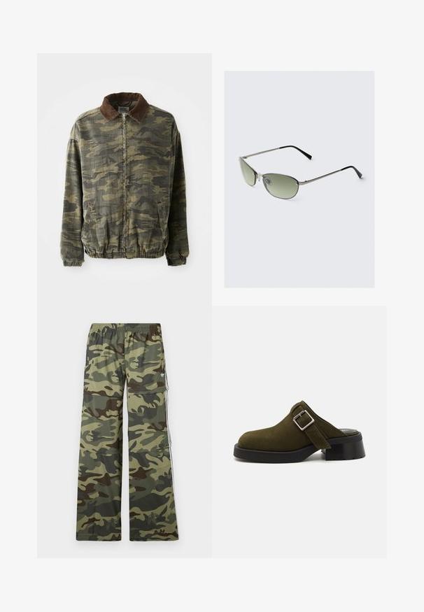 Camo-patterned jacket in khaki and dark green, made of sturdy fabric. Features a brown corduroy collar and elasticized cuffs and hem.; White cotton tank top with wide shoulder straps, a round neckline, and a smooth, ribbed texture. No patterns or accents present.; Camo-patterned cargo pants in shades of green and brown, featuring a wide-leg design, elastic waistband, and side pockets with stripes.; Olive green suede mule with a low, chunky black heel. Features a side strap with a silver buckle for adjustment. Smooth texture overall.; Metal sunglasses with elongated green lenses, slim silver frame, and black temple tips. Features small nose pads for comfort.