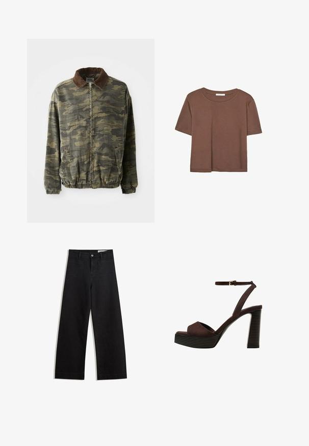 Kurtka w kamuflażowy wzór w kolorze khaki i ciemnozielonym, wykonana z mocnego materiału. Wyposażona w brązowy kołnierz z sztruksu oraz elastyczne mankiety i dół.; Brązowa koszulka z krótkim rękawem, wykonana z miękkiego materiału, z okrągłym dekoltem i luźnym krojem. Brak widocznych wzorów lub akcentów.; Czarne dżinsowe spodnie o szerokich nogawkach i wysokim stanie, z przednimi i tylnymi kieszeniami, przeszyciami oraz zapięciem na guziki. Gładka struktura.; Brązowe zamszowe sandały na wysokim obcasie z odkrytymi palcami, regulowanym paskiem na kostce i paskowatą podeszwą.