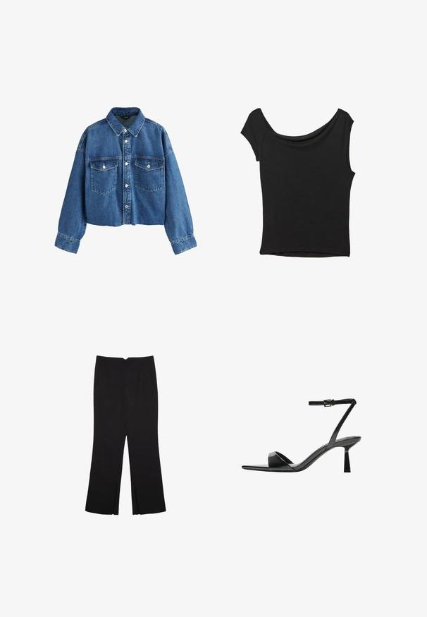 Zkrácená džínsová bunda v středně modré barvě, která má špičatý límec, dvě náprsní kapsy a stříbrné knoflíky na zapínání. Texturovaná tkanina s viditelnými švy.; Černý krátký rukáv top vyrobený z hladké látky; má drapovaný výstřih a asymetrický lem, s přiléhavým střihem.; Černé kalhoty s rovným střihem, s předními kapsami a bočními rozparky na lemu. Vyrobené z jemné, hladké tkaniny. Vhodné na různé příležitosti.; Bershka Sandály na vysokém podpatku - black