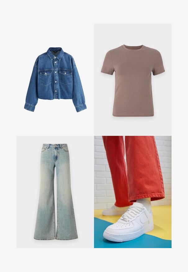 Kort denimjakke i mellemblå, med spids krave, to brystlommer og sølvknaplukninger. Tekstureret stof med synlige sømme.; Kortærmet T-shirt i dæmpet brun, lavet af glat bomuld med en klassisk rund halsudskæring og minimale syninger.; Lysblå brede jeans med høj talje, der har en falmet finish, frontlommer og en let spaltning i bunden af benene.; Hvide lædersneakers med perforeret tå-kasse, tekstureret sål og hvide snørebånd, parret med brede røde bukser og en blå-gul baggrund.