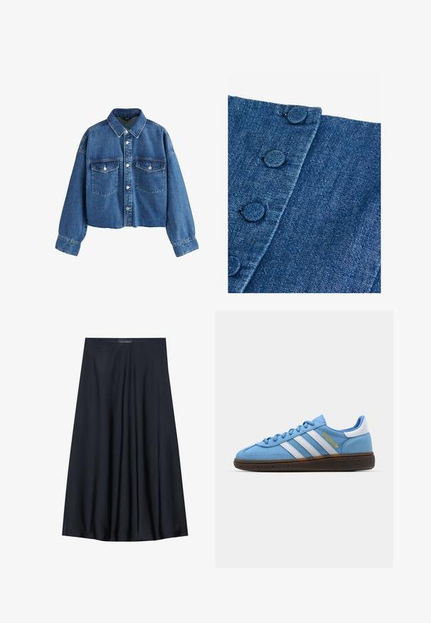 Giacca di jeans cropped in blu medio, con colletto a punta, due tasche sul petto e chiusura con bottoni in argento. Tessuto strutturato con cuciture visibili.; Tessuto di denim di colore blu scuro con una finitura testurizzata. Presenta bottoni rotondi rivestiti in tessuto lungo il bordo e un dettaglio di cucitura diagonale.; Gonna nera al ginocchio realizzata in tessuto leggero con un design fluido. Presenta una texture morbida e pieghe sottili per un tocco di dettaglio in più.; Sneakers in suede azzurro chiaro con strisce in pelle bianca, suola marrone texturizzata e dettaglio logo dorato. Design basso con punta tonda.