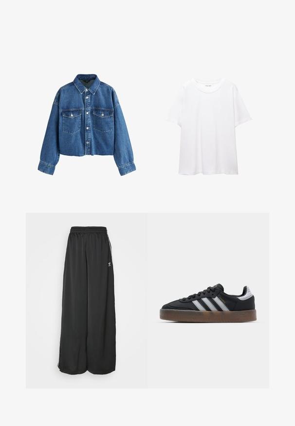 Gekürzte Jeansjacke in Mittelblau mit einem spitzen Kragen, zwei Brusttaschen und silbernen Knopfverschlüssen. Strukturierteter Stoff mit sichtbaren Nähten.; Ein schlichtes, weißes T-Shirt aus Baumwolle mit rundem Halsausschnitt, kurzen Ärmeln und lockerer Passform. Glatte Textur ohne Muster oder Akzente.; Schwarze, locker sitzende Jogginghosen aus glattem Material. Mit elastischem Bund und seitlichen Streifen mit Logo-Akzenten.; Schwarze Sneakers mit einem schlanken Design, versehen mit drei weißen Streifen, einer schwarzen Zunge und einer strukturierten braunen Gummisohle. Akzente mit goldener Schrift.