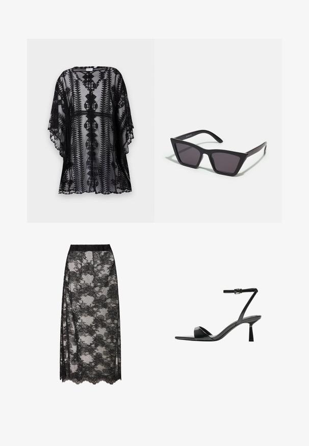 Czarny koronkowy kimono z misternym haftem, o luźnym kroju, krótkich rękawach i falbaniastych krawędziach, prezentujące geometryczne wzory.; Czarny, prążkowany top z golfem, krótki rękaw, dopasowany krój, miękka faktura, minimalne szwy i wysoki kołnierz.; Czarna koronkowa spódnica z falbaniastym dołem, z kwiatowym wzorem i przezroczystą teksturą. Elastyczny pas zapewniający wygodę noszenia.; Bershka - Sandały na obcasie; Czarne, kanciaste okulary przeciwsłoneczne z szarymi soczewkami; wykonane z plastiku, z grubymi zausznikami o gładkiej powierzchni i bez widocznych elementów metalowych.