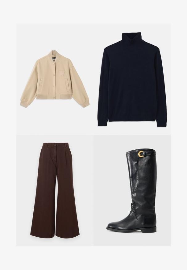Beige Bikerjacke aus Wollmischung, mit geripptem Kragen, Bündchen, zwei Seitentaschen und einem gestickten Buchstaben auf der Brust.; Marineblauer Rollkragenpullover mit langen Ärmeln, hergestellt aus weichem Strickmaterial. Verfügt über einen gerippten Kragen und Bündchen, mit einem schlichten Design und ohne Muster.; Hochtaillierte, weit geschnittene, braune Hose mit Knopf- und Reißverschluss, Gürtelschlaufen und frontalen Falten.; Schwarzer Lederstiefel bis zum Knie mit runder Zehenpartie, schnürbarem Vorderteil, seitlichem Detail und einer goldenen Akzentgürtel am oberen Ende. Glatte Textur.