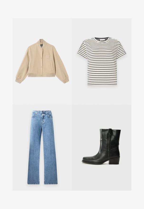 Cropped beige jacket made of wool blend, featuring a ribbed collar, cuffs, two side pockets, and an embroidered letter on the chest.; Cotton short-sleeve T-shirt with a crew neckline, featuring black vertical stripes on a white background and a straight cut design.; Light blue denim jeans with a wide-leg design, five pockets, belt loops, and a button closure. The fabric has a smooth texture.; Black leather ankle boot with a rounded toe, block heel, side zipper, and stitching accents on the vamp. Smooth texture, classic design.