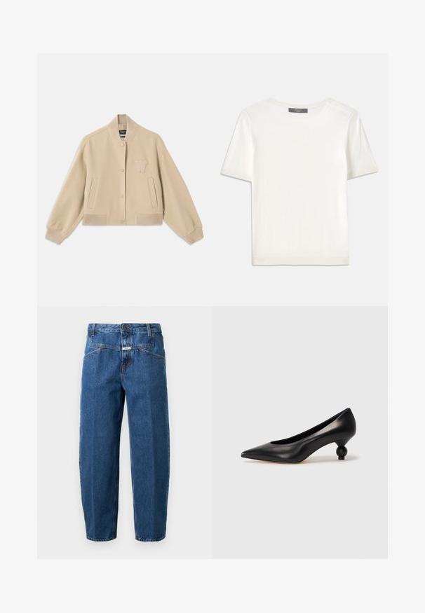 Įpjautas šviesiai rudas vilnos mišinio švarkas, su ribotu apykakle, rankogaliais, dviem šoniniais kišenėmis ir išsiuvinėtu raštu ant krūtinės.; Baltas trumpas rankovėmis megztinis su apvaliu kaklu, pasižymintis lygia tekstūra ir subtiliais raštuotais akcentais rankovėse bei apykaulyje.; Tamsiai mėlynos džinsinės kelnės su laisvu siluetu, penkių kišenių dizainu, siūlėmis ir mygtuko užsegimu juosmens vietoje.; Juoda odinė aukštakulnė bateliai su smailiu pirštu ir apvaliu, iškiliu kulnu. Lygus paviršius su elegantišku, minimalistiniu dizainu.