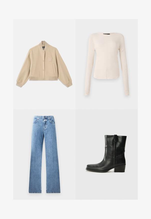 Felvarrt bézs dzseki gyapjú keverékből, bordázott gallérral, mandzsettákkal, két oldalsó zsebbel és hímzett betűvel a mellkason.; Hosszú ujjú, világos bézs blúz kerek nyakkivágással. Puha anyagból készült, középső varrással és enyhén ívelt szegéllyel rendelkezik. Nincs rajta látható fémrész.; Világoskék farmernadrág, széles lábakkal, öt zsebből, övrögzítőkből és gombzáras kivitelben. Az anyag sima textúrájú.; Fekete bőr bokacsizma lekerekített orral, blokk sarkúval, oldalsó cipzárral és varrásos díszítéssel az elején. Simább textúra, klasszikus dizájn.