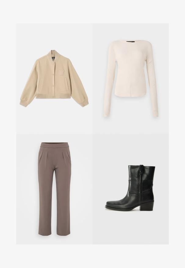 Chaqueta beige recortada hecha de una mezcla de lana, con un cuello acanalado, puños, dos bolsillos laterales y una letra bordada en el pecho.; Top de manga larga, color beige claro, con cuello redondo. Fabricado en un tejido suave, presenta una costura central y un dobladillo ligeramente curvado. Sin herrajes visibles.; Pantalones sueltos color topo con cinturilla elástica y pliegues frontales, hechos de una tela suave.; Botín negro de cuero hasta el tobillo con punta redondeada, tacón cuadrado, cremallera lateral y detalles de costura en el empeine. Textura suave, diseño clásico.