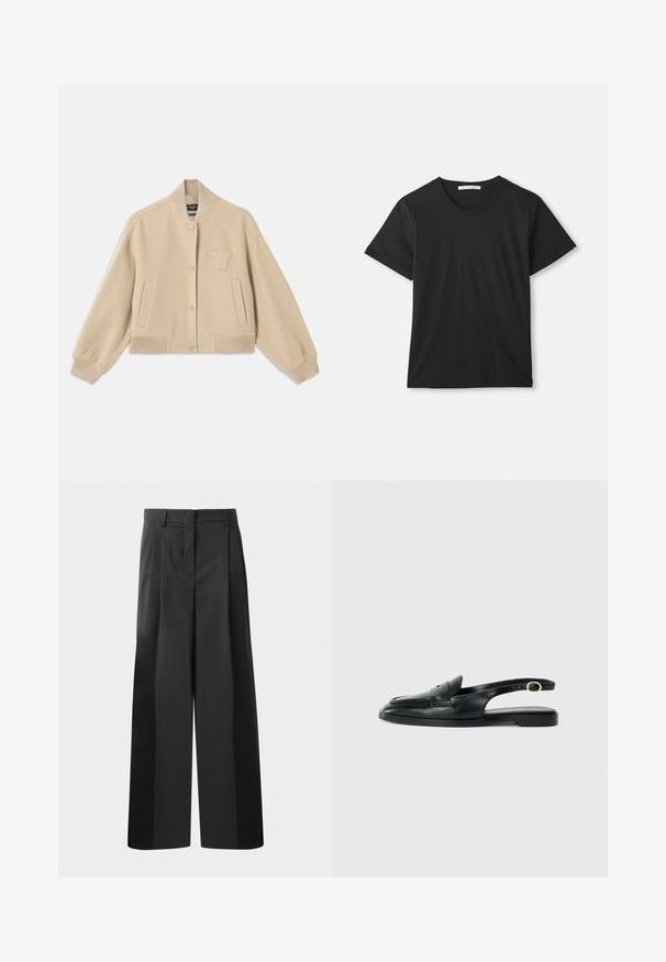 Skraćeni bež kaput od mješavine vune, s rebrastim ovratnikom, manžetama, dva bočna džepa i izvezenim slovom na prsima.; Crna majica s kratkim rukavima, okruglim izrezom i mekanim pamukom. Jednostavan dizajn bez uzoraka ili logotipa, klasičnog kroja.; Crne široke hlače s visokim strukom, s prednjim nabranim detaljima, glatkom teksturom i krojenim završetkom. Dizajnirane za opušteni kroj.; Crne kožne slingback cipele s okruglim vrhom, ravnim đonom, bočnim izrezom i trakama s zlatnim detaljem.