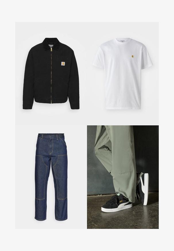 Carhartt WIP DETROIT JACKET - Vinterjakke - black; Hvit bomull t-skjorte med korte ermer, rund hals, med en liten gulllogo på venstre brystområde. Myk tekstur og vanlig passform.; Mørkeblå denimjeans med høy midje, rette ben, kontrasterende sømmer og lommer på forsiden.; Sorte semskede sneakers med hvite gummisåler og sidestiper, sammen med lysegrønne cargo-bukser, står på en teksturert mørk overflate.