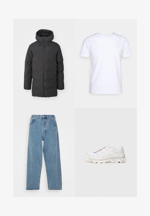 Crna puffer jakna s kapuljačom, koja ima puni prednji patentni zatvarač, elastične rukave i kviltani dizajn za izolaciju. Glatki vanjski materijal.; Bijela majica kratkih rukava od pamučnog materijala s okruglim izrezom. Jednostavan dizajn bez uzoraka ili naglasaka. Glatka tekstura.; Svijetloplave traperice s visokim strukom, ležernog kroja, koje imaju dva prednja džepa, stražnji džep s pletenicom i kopčanje na gumb.; Bijela atletska obuća s teksturiranim mrežastim gornjim dijelom, reflektirajućim detaljima i podstavljenim potplatom. Značajan logo brenda sa strane.