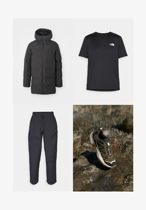 Melns pūkains jaka ar kapuci, kas aprīkota ar pilnu priekšējo rāvējslēdzēju, elastīgiem aprocēm un siltumizolācijas dēļ izšūtu dizainu. Gluda ārējā materiāla virsma.; Melnas īsām piedurknēm T-kreklas, izgatavots no viegla auduma. Uz kreisā krūtīm ir neliels balts logo un smalki plecu akcenti.; Melnas kravas bikses, izgatavotas no viegla, ūdens izturīga materiāla; ar elastīgu jostasvietu, vairākiem kabatām ar rāvējslēdzējiem un sašaurinātiem ievedumiem.; Tūrisma apavi olīvzaļā un melnā krāsā ar rozā akcentiem. Iespējas ietver teksturētu virsu, elastīgu zoli, pastiprinātu purngalu un krāsainu šņorējuma sistēmu.