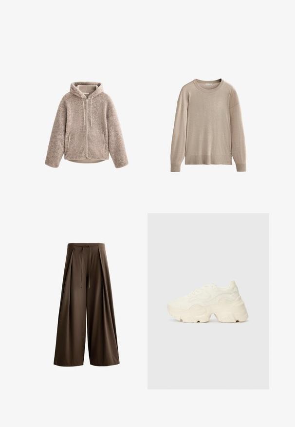 Beige fleece jacket with a hood, featuring a zippered front, textured fabric, and two side pockets. Soft, warm material and relaxed fit.; Beige long-sleeve sweater with a round neckline and ribbed cuffs and hem. Soft texture and relaxed fit with dropped shoulders.; Brown wide-leg trousers made of a textured fabric, featuring a drawstring waistband and front pleats.; Chunky white sneakers made of textured mesh and synthetic materials, featuring a thick sole and intricate pattern details along the sides.