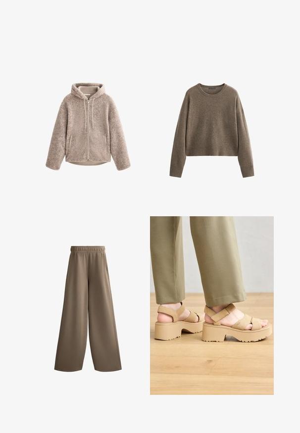 Bež flis jakna s kapuljačom, koja ima zatvarač sprijeda, teksturirani materijal i dva bočna džepa. Mekan, topao materijal i opušteni kroj.; Smeđi skraćeni pulover od mekanog materijala, sa okruglim izrezom i rebrastim manžetama i rubom. Jednostavan, teksturiran dizajn s dugim rukavima.; smeđe široke hlače s elastičnom waistbandom, izrađene od glatkog materijala, s bočnim džepovima i ravnim, slobodnim krojem.; Bež sako platforme sandale s širokim trakama i debelim potplatom. Imaju podesivu stražnju traku i teksturirani potplat za prianjanje.