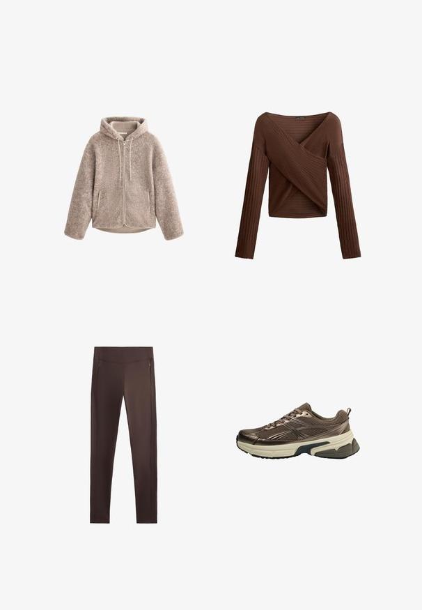 Beige fleecejacka med huva, med dragkedja i fronten, texturerad tyg och två sidofickor. Mjukt, varmt material och avslappnad passform.; Brun ribbade långärmade topp med en överlappande V-halsdesign, texturerat tyg och en åtsittande silhuett. Har långa ärmar och en kort längd.; Bruna träningsleggings med en mjuk textur, hög midja och två sidokFickor med dragkedja, med en skräddarsydd, smal passform.; Brun atletisk sko med nätövre, metalliska accenter, tjock vit mellansula och texturerad svart sula. Har snörning och en dragflik.