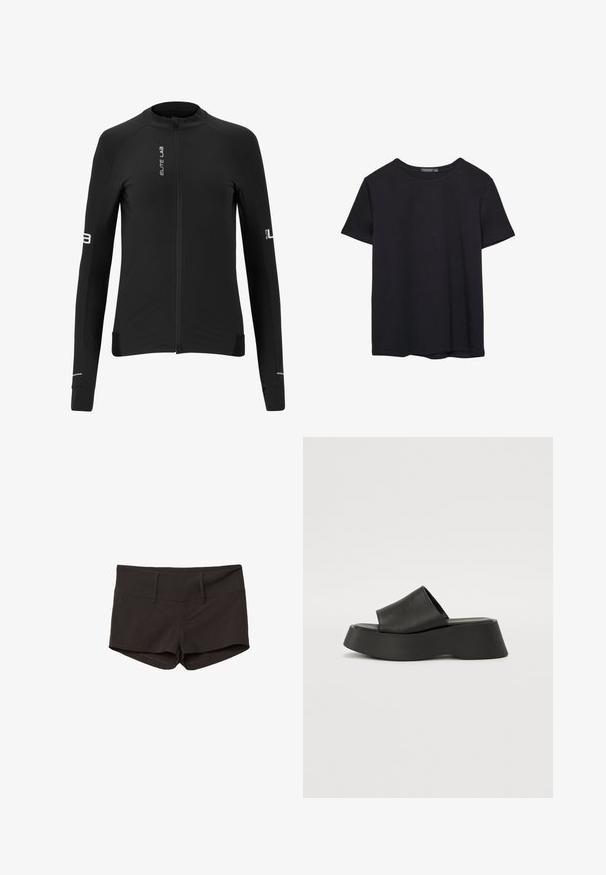 Sort cykeljakke med lange ærmer, fuld lynlås, glat tekstur, reflekterende detaljer og brandlogoer på fronten og ærmerne.; Simpel sort kortærmet bomulds T-shirt med rund hals, præsenteret på en hvid baggrund.; Sorte bomuldsbukser med en tætsiddende design, der har en glat overflade og to forlommer. Mellemhøj talje og ingen iøjnefaldende mønstre.; Sorte platform sandaler med en bred rem og chunky sål. Lavet af glat materiale med en mat finish og uden synligt hardware.