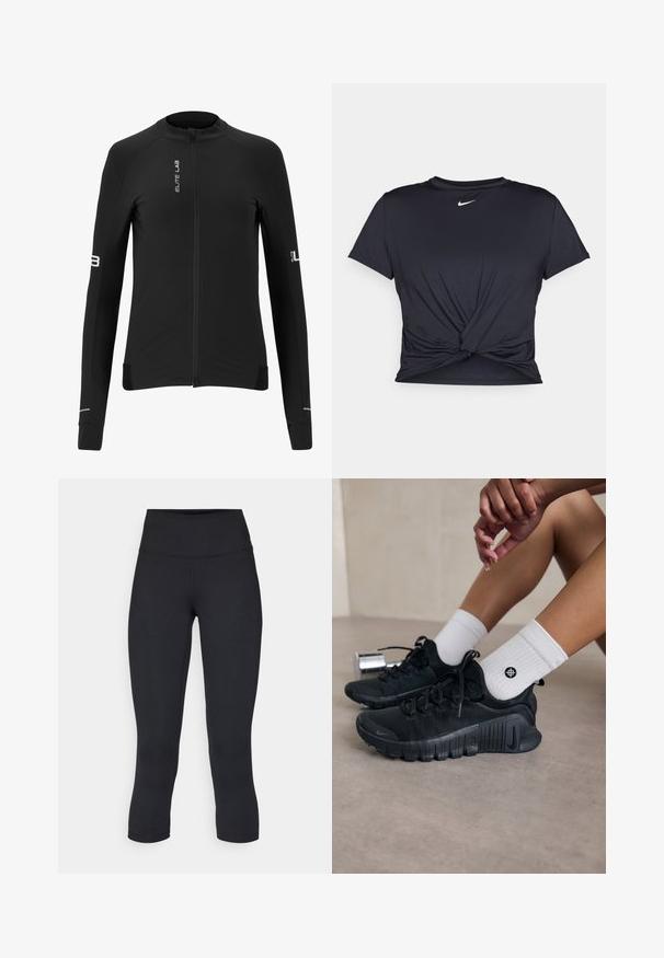 Chaqueta de ciclismo negra de manga larga con cremallera completa, textura suave, acentos reflectantes y logotipos de la marca en el frente y las mangas.; Camiseta atlética negra hecha de tela suave, con un diseño de nudo en la parte delantera y un pequeño logo blanco de Nike en el pecho.; Leggings negros cortos hechos de tela elástica, con una cintura alta y una textura suave, sin patrones o herrajes visibles.; Zapatillas deportivas negras con tejido texturizado, diseño de cordones y una suela prominente, combinadas con calcetines blancos de canalé que presentan un pequeño logo.