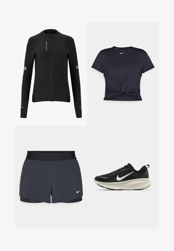 Veste de cyclisme noire à manches longues avec une fermeture éclair intégrale, texture lisse, accents réfléchissants et logos de la marque sur le devant et les manches.; T-shirt de sport noir en tissu lisse, avec un design avant noué et un petit logo Nike blanc sur la poitrine.; Shorts de sport noirs avec une taille élastique, dotés d'un design superposé et d'un petit logo Nike blanc en bas à gauche. Matière légère.; Baskets de course noir Nike avec tige respirante en mesh, logo swoosh blanc, détails texturés et semelle intermédiaire ZoomX de couleur crème.
