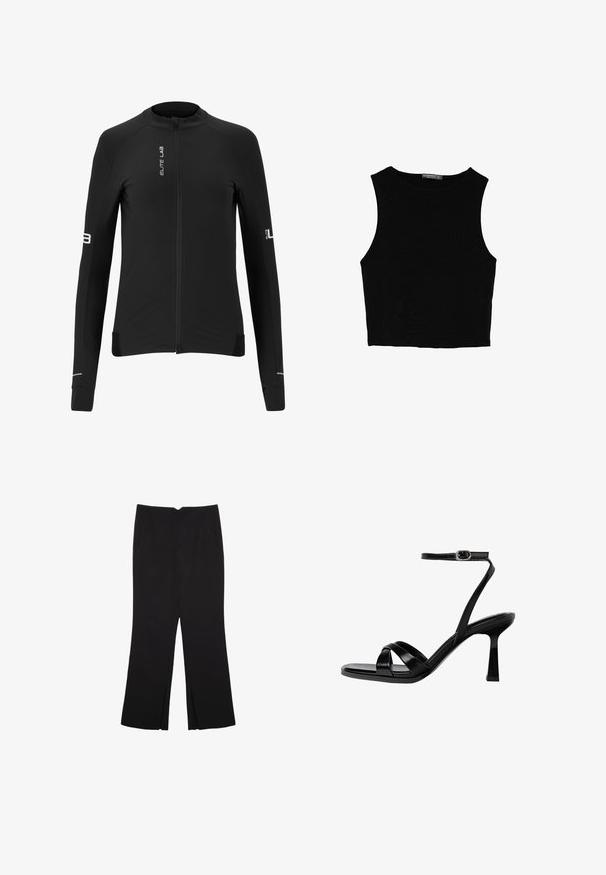 Sort cykeljakke med lange ærmer, fuld lynlås, glat tekstur, reflekterende detaljer og brandlogoer på fronten og ærmerne.; Sort ærmeløs crop top lavet af glat stof, med rund hals og et rent, enkelt design uden mønstre eller hardware.; Sorte bukser med lige pasform, der har frontlommer og slidser i kanten. Lavet af blødt, glat stof. Velegnet til forskellige anledninger.; Sorte strappy højhælede sandaler med firkantet tå, glat syntetisk materiale, ankelrem med en sølvfarvet spænde og en skulptureret hæl.