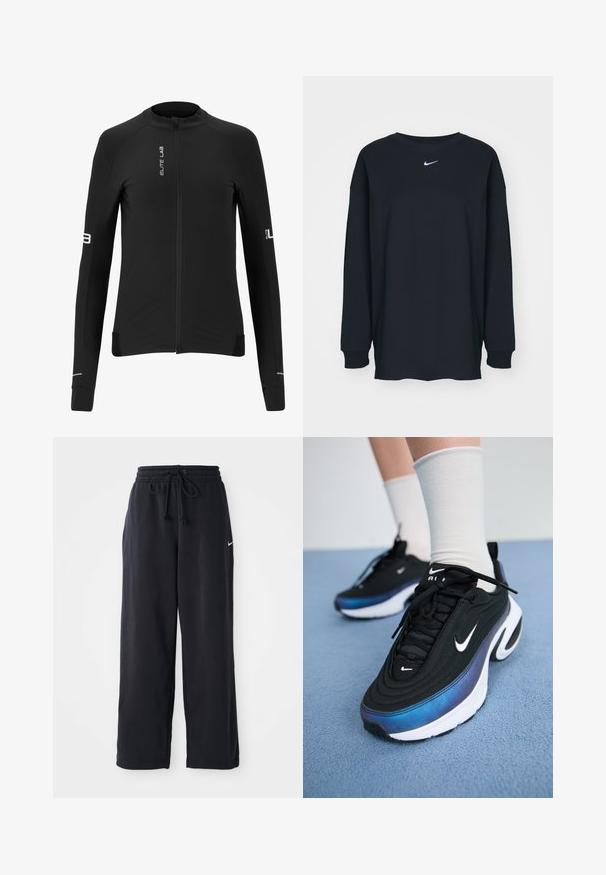 Sort cykeljakke med lange ærmer, fuld lynlås, glat tekstur, reflekterende detaljer og brandlogoer på fronten og ærmerne.; Sort langærmet T-shirt lavet af bomuld med rund hals. Har et hvidt Nike-logo på brystet. Blød tekstur, enkelt design.; Sorte sweatpants med elastisk talje og snor, med et lille hvidt Nike-logo på venstre side.; Sorte Nike sneakers med en glat stofoverdel, der har et gradientblåt til sort design, hvid sål og markante logo detaljer.