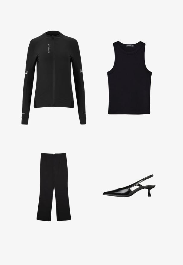 Sort cykeljakke med lange ærmer, fuld lynlås, glat tekstur, reflekterende detaljer og brandlogoer på fronten og ærmerne.; Sort tank top lavet af bomuld, med rund halsudskæring og brede armhuller. Glat tekstur med syede kanter. Klassisk, minimalistisk design.; Sorte bukser med lige pasform, der har frontlommer og slidser i kanten. Lavet af blødt, glat stof. Velegnet til forskellige anledninger.; Sorte patentlæder slingback hæle med spids tå, udskåret sideskærm og en lille firkantet hæl. Glat tekstur med minimale detaljer.