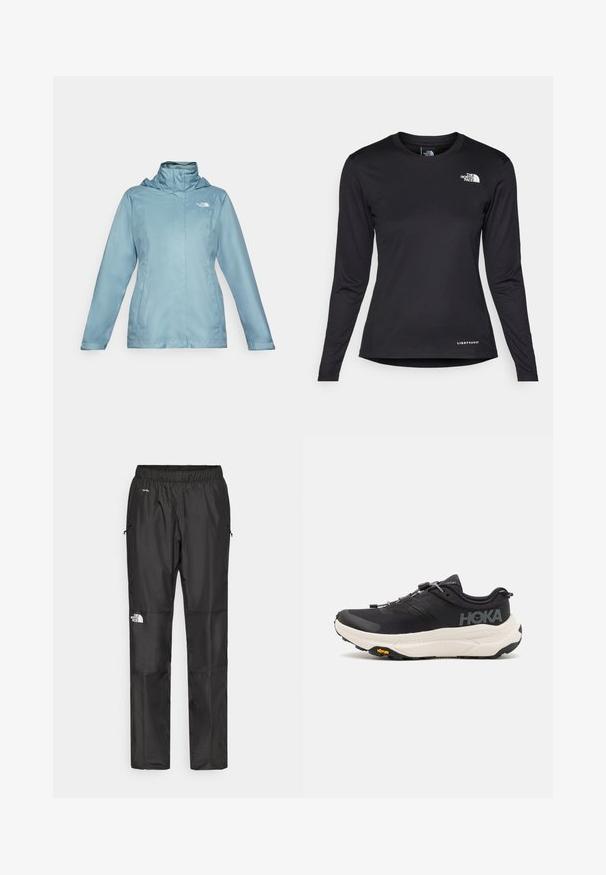 Lys blå vanntett jakke med høy krage, justerbar hette og glidelås-lommer. Har en glatt tekstur og minimalistisk design.; The North Face SHADOW LONG SLEEVE - Topper langermet - black; Sorte vanntette bukser laget av lettvektig stoff, med elastisk midjebånd, sidelommer og en logo på venstre ben.; Sorte joggesko med et pustende mesh-overdel, gummisåle, hvit dempemellomsåle og reflekterende lisser. Vibram-logo på sålen.