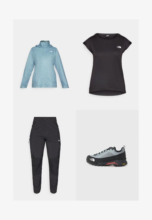 Light blue waterproof jacket with a high collar, adjustable hood, and zippered pockets. Features a smooth texture and minimalistic design.; The North Face TANKEN TANK - Sports T-shirt - black; Black outdoor pants made of durable fabric. Feature zippered pockets, reinforced knee panels, and a straight cut design for mobility.; Gray and black hiking shoe with mesh and synthetic upper, rubber toe cap, red accent on sole, and Vibram outsole for traction.