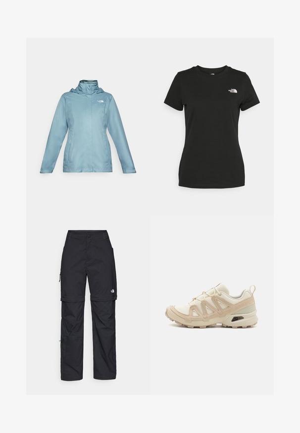 Casaco impermeável azul claro com colarinho alto, capuz ajustável e bolsos com fecho. Apresenta uma textura suave e um design minimalista.; T-shirt de algodão preta com decote redondo e mangas curtas. Logótipo branco notável no lado superior esquerdo. Textura suave, ajuste casual.; Calças cargo pretas em nylon com fechos de correr removíveis, punhos ajustáveis, múltiplos bolsos e um logótipo na perna direita. Textura suave e leve.; Sapatilha atlética beige e creme com parte superior em malha texturizada, sobreposições de suporte e sola de borracha com um padrão de cravo para tração.