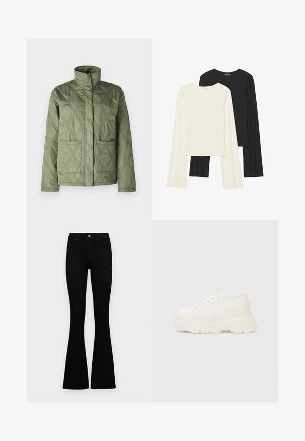 Quilted green jacket with a high collar, two front pockets, and a diamond pattern. Made from smooth, lightweight material.; Set of two long-sleeve tops in white and black. Ribbed texture, round neck, fitted design with slightly flared sleeves.; Black high-waist jeans with a button and zip closure, front pockets, and flared legs laid flat on a white background.; White canvas sneaker with a chunky sole, rounded toe, and five eyelets for laces. Back tab for easy wear. Smooth texture, minimalist design.