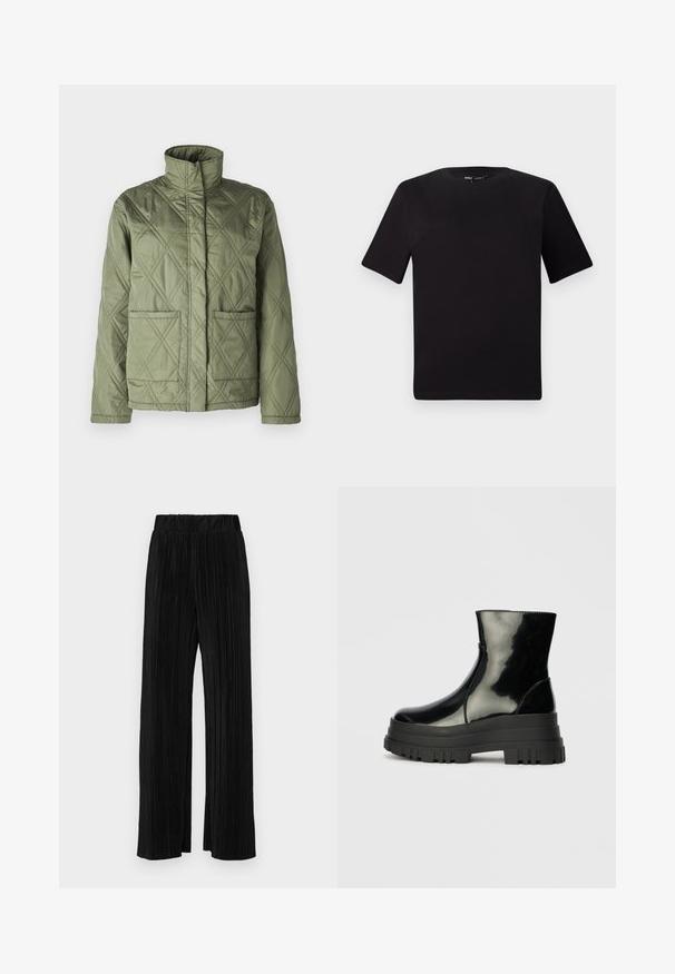 Quilted green jacket with a high collar, two front pockets, and a diamond pattern. Made from smooth, lightweight material.; Black short-sleeve t-shirt with a round neckline, crafted from soft cotton fabric. Simple design, no visible logos or patterns.; Black pleated trousers with an elastic waistband. Features wide legs and a smooth, textured fabric with vertical stripes.; Black glossy ankle boot with thick lug sole and rounded toe, side view on plain light gray background.