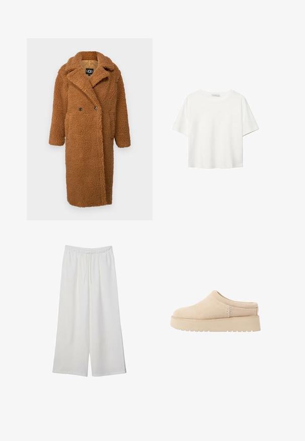 UGG GERTRUDE LONG COAT - Klassisk kappa / rock - cognac; Vit t-shirt med kort ärm i bomull. Har en rundad halsringning och en avslappnad passform. Slät textur utan synliga mönster eller detaljer.; Vita vida byxor i lätt tyg med elastisk midja och dragsko för justerbar passform. Mjuk textur.; Beiga mockasiner i mocka med rund tå och tjock, texturerad platta sula. Har minimal sömnad och en mjuk design.
