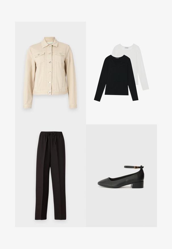 Bež jakna od trapera s okovratnikom, srebrnim dugmadi na preklop, dva džepa na prsima i prilagođenim dizajnom. Glatka tekstura i ležerni oblik.; Dva dugo rukava, jedan crni i jedan bijeli, oba s kvadratnim izrezom i izrađeni od mekane, rastezljive tkanine.; Crne, široke hlače s elastičnom trakom u struku i podesivom vezicom. Napravljen od glatkog, laganog materijala bez vidljivih uzoraka.; Crne kožne pumpe s oštrim vrhom i niskom blok petom. Sadrže remen oko gležnja s zlatnim kopčanjem. Glatka tekstura.