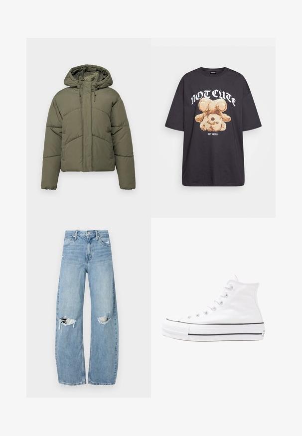 Maslinasto zelena puf jakna s kapuljačom, koja ima kvadratne panele, prednji zip zatvarač i trakice za podešavanje. Mekana, podstavljena tekstura.; Crna oversized majica s grafikom medvjeda i natpisom "NIJE SLATKO, ALI DIVLJE" u podebljanim, bijelim slovima. Pamuk.; Svijetloplave, visoko-strukirane traperice. Imaju široke nogavice, dva razderana područja na koljenima i klasičan stil s pet džepova.; Bijela visoka platnena tenisica s crnom gumenom potplatom, prednjim gumenim zaštitnikom prstiju i šest rupa za vezanje, s čistim, minimalističkim dizajnom.