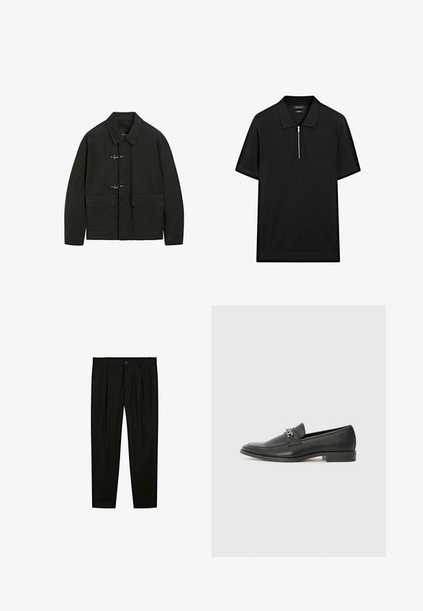 Schwarze Jacke mit Kragen, silbernen Steckverschlüssen und zwei aufgesetzten Taschen. Sie hat einen geraden Schnitt und eine matte Textur.; Schwarzes kurzärmliges Poloshirt mit Stehkragen und einem Reißverschluss vorne. Hergestellt aus einem glatten Stoff mit einem klaren, minimalistischen Design.; Schwarze maßgeschneiderte Hose aus glattem Stoff. Zu den Merkmalen gehören eine flache Vorderseite, weite Beine und ein Knopfverschluss am Taillenbund.; Schwarzer Lederloafer mit glatter Oberfläche, ausgestattet mit einer gesteppten Gestaltung und einem dekorativen Metallkettendetail über dem Vorderblatt. Flacher Absatz.