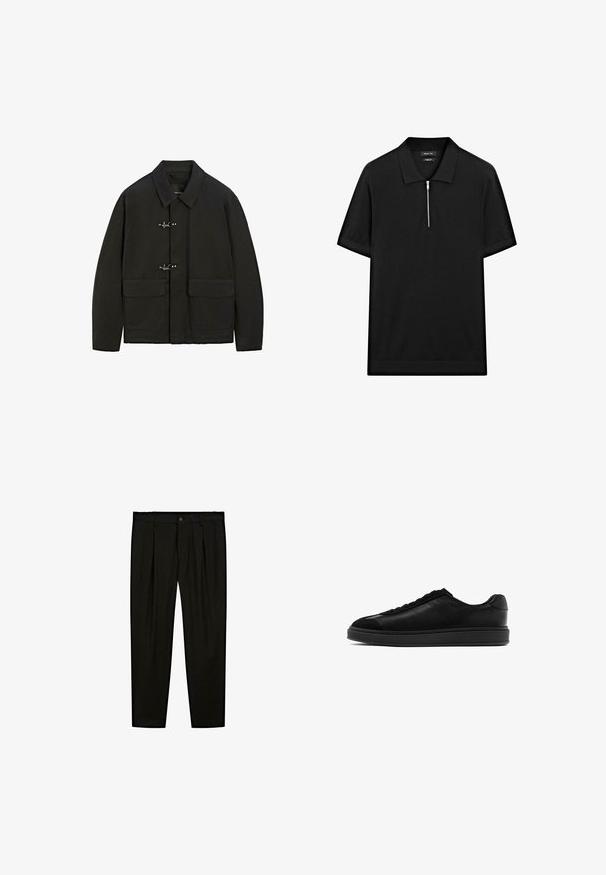 Sort jakke med krave, sølvfarvede lukninger og to forlommer. Den har en lige pasform og en mat overflade.; Sort kortærmet polo skjorte med ståkrave og frontlynlås. Lavet af et glat stof med et rent, minimalistisk design.; Sorte skræddersyede bukser lavet af glat stof. Funktioner inkluderer flad front, brede ben og en knaplukning i taljen.; Sorte lædersneakers med en glat overflade, rund tå, snørebånd foran og en kontrasterende tekstureret tunge. Tykk sort gummisål.