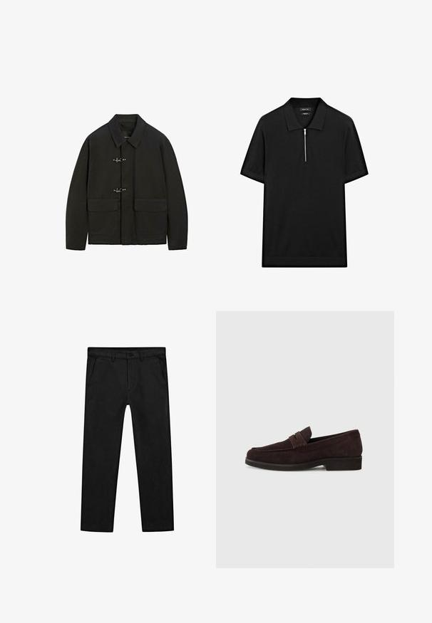 Sort jakke med krave, sølvfarvede lukninger og to forlommer. Den har en lige pasform og en mat overflade.; Sort kortærmet polo skjorte med ståkrave og frontlynlås. Lavet af et glat stof med et rent, minimalistisk design.; Sorte bomuldsbukser med lige ben, forlommer og en klassisk knaplukning med lynlås. Glat tekstur, skræddersyet pasform.; Brune ruskinds loafers med lav profil og rund tå. Har en dekorativ rem over det øverste, flad gummisål og ingen synlig syning.