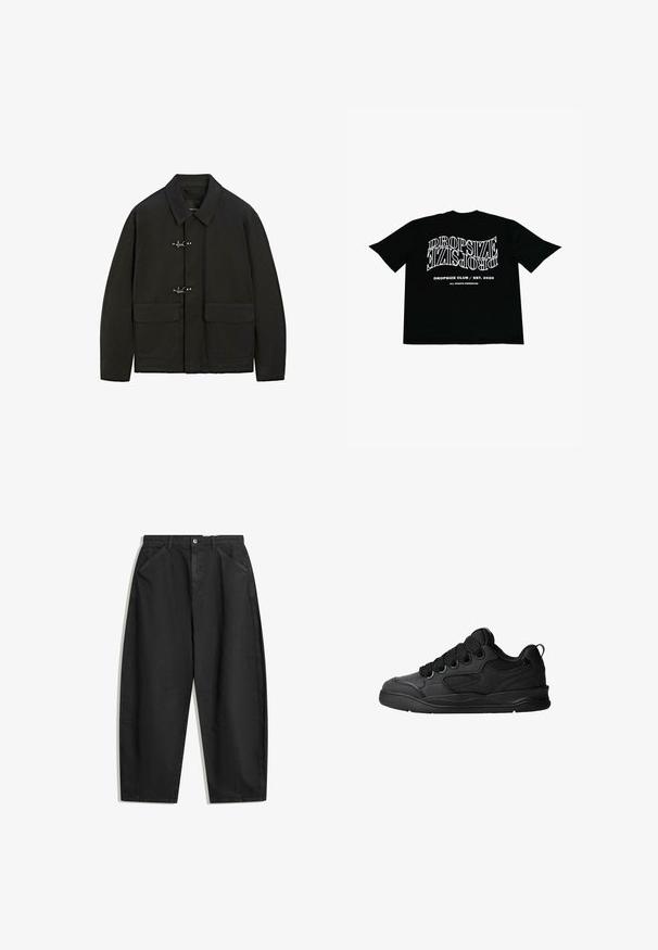 Schwarze Jacke mit Kragen, silbernen Steckverschlüssen und zwei aufgesetzten Taschen. Sie hat einen geraden Schnitt und eine matte Textur.; Schwarzes T-Shirt mit weißem Text, mit "DROPSIZE" in großer Schrift, "DROPSIZE CLUB / EST. 2020" darunter und einer glatten Baumwolloberfläche.; Schwarze weit geschnittene Baumwollhosen mit hoher Taille, seitlichen Taschen und dezenten Nähten. Glatte Textur ohne Muster.; Schwarze Sneaker mit strukturiertem Obermaterial, ausgestattet mit Schnürsenkeln, Mesh-Akzenten für Atmungsaktivität, gepolstertem Kragen und einer stabilen Laufsohle.