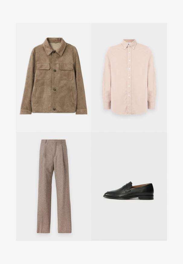 Barna velúr dzseki hálós nyakkivágással, két elülső mellzsebbel és két oldalsó zsebbel. Gombos záródással és sima felülettel rendelkezik.; Világos rózsaszín gombos ing hosszú ujjal, galléros nyakkal és fehér gombokkal. Simább anyagból készült, normál szabással.; Barna, magas derekú nadrág texturált anyagból. Széles szárai és két elülső redője biztosítja a struktúrát. Ízléses kivitel, látható fémszerelés nélkül.; Fekete bőr mokaszin, kerek orral, diszkrét varrásokkal és alacsony sarokkal, sima felülettel és minimalista dizájnnal.