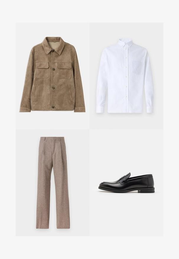 Giacca in suede marrone con colletto, due tasche sul petto e due tasche laterali. Presenta chiusure a bottone e una texture liscia.; Camicia bianca a maniche lunghe con bottoni, realizzata in cotone, caratterizzata da una tasca sul petto con ricamo tonale, colletto e polsini con bottoni.; Pantaloni marroni a vita alta realizzati in tessuto testurizzato. Presentano gambe ampie e due pieghe frontali per struttura. Rifinitura curata senza hardware visibile.; Mocassini neri in pelle con una texture liscia, punta arrotondata e una striscia decorativa sulla tomaia. Tacco basso impilato, design minimalista.