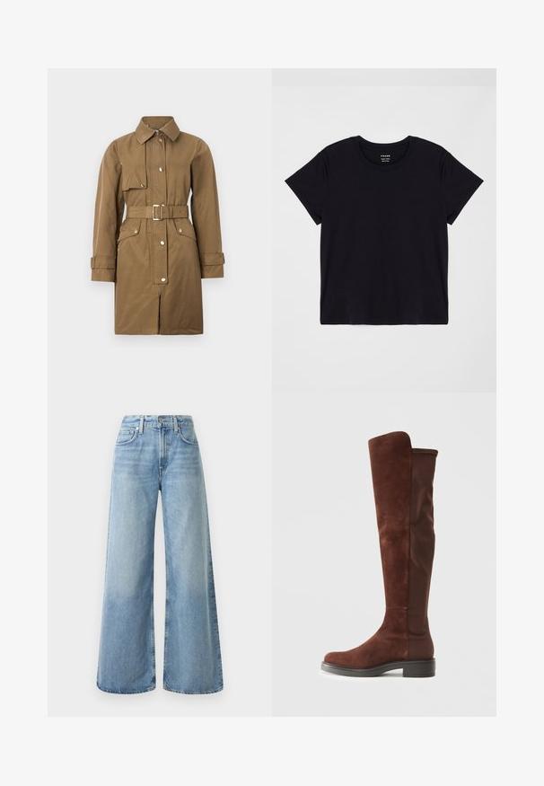 Ruda diržinė tranšėja su apykakle, priekiniais užtrauktukais, snap mygtukais ir šoninėmis kišenėmis, pasižyminti lygiu tekstūru ir tiesiu kirpimu.; Juodas trumpas rankovės marškinėliai pagaminti iš minkštos medvilnės. Klasikinis apvalus kaklo dizainas su paprasta, nepuošta paviršiumi ir laisvalaikio siluetu.; Šviesiai mėlynos džinsinės plačios kojos kelnės su aukštu liemeniu, turinčios keturis kišenes, mygtukų užsegimą ir subtilų išblukimą audinyje.; Aukšta ruda zomšos ir audinio batai su žemu juodu kulnu ir apvaliu pirštu, pavaizduoti šoninėje pusėje ant švaraus balto fono.